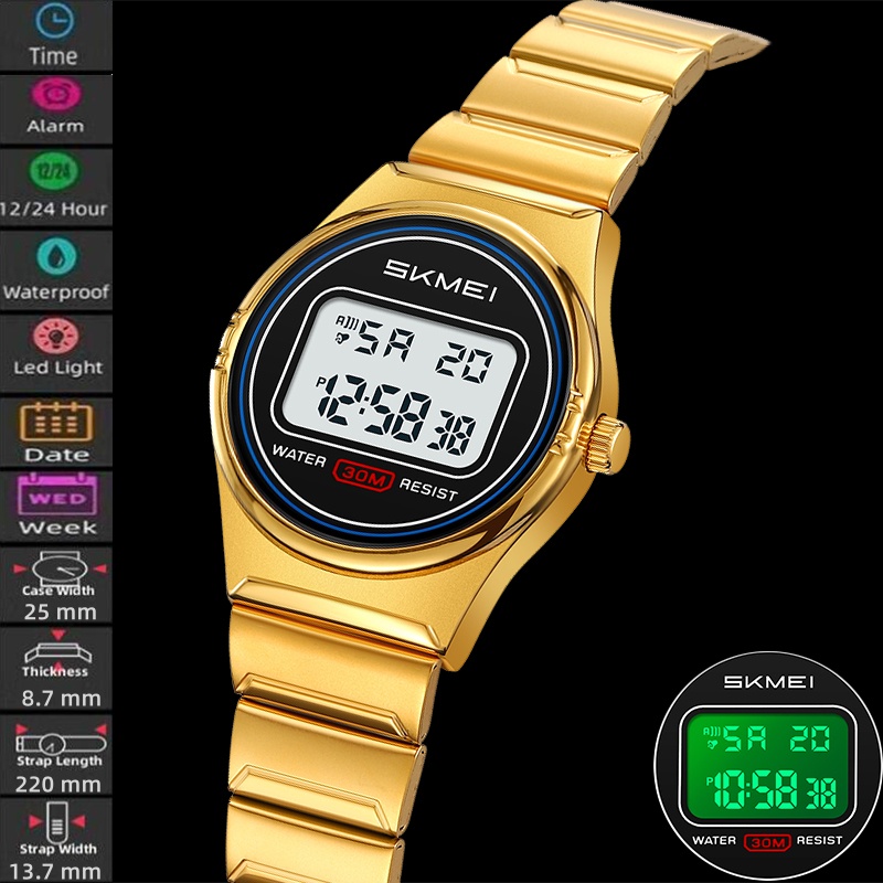 Waterproof Diving Watch - Skmei レディースデジタル腕時計高級スチールストラップ LED ライトミネラルガラスダイヤル女性防水目覚まし時計日付週表示
