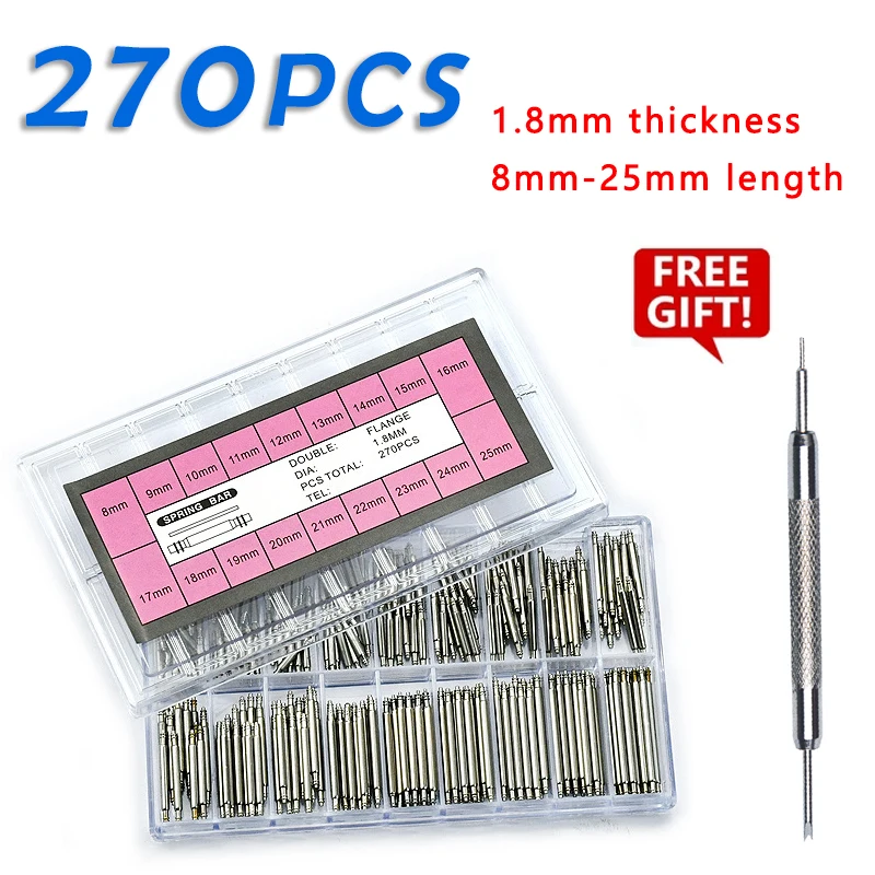 Spring Bar Tool - 270個/セット ステンレススチール製スプリングバー 直径1.5mm/1.8mm 長さ8mm - 25mm/6mm