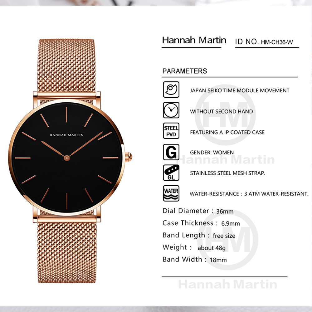 ハンナマーティントップブランドの高級腕時計女性ステンレススチ - Minimalist Thin Watch のレビューと価格
