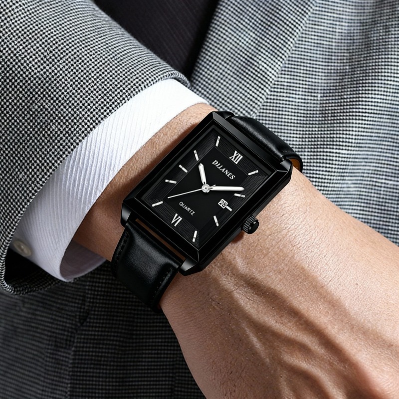 カジュアルレザーメンズ腕時計シンプルなスクエアクォーツ時計カ - Smartwatch Watches Gift For Men のレビューと価格